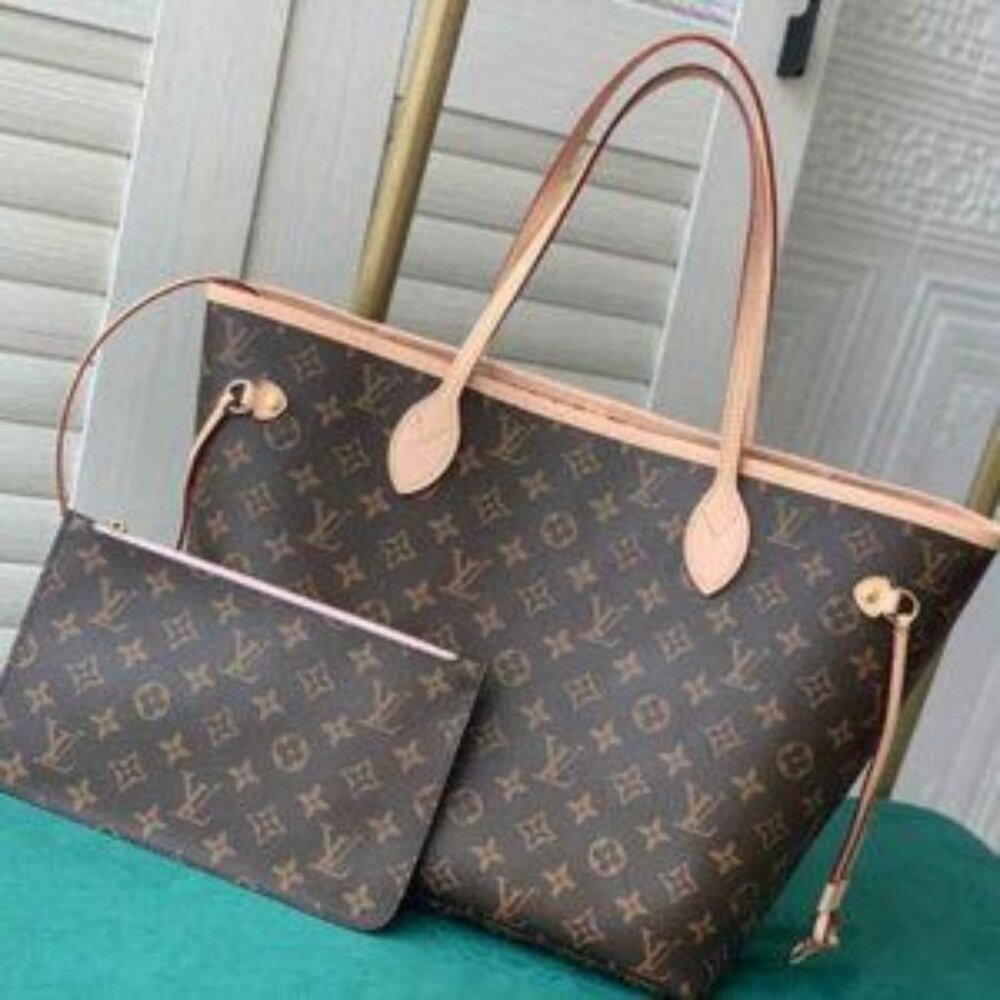 Louis Vuitton Neverfull Mm Pink Brown Monogram Canvas Shoulder Bag